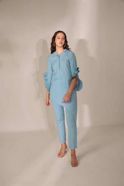 ANKITA KOCHHAR X SKY-BLUE PLEAT SLEEVES  LINEN KURTA SET