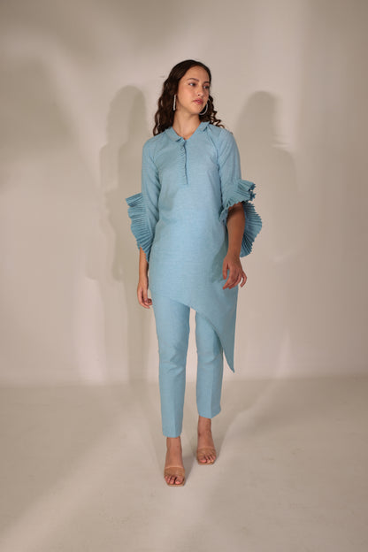 ANKITA KOCHHAR X SKY-BLUE PLEAT SLEEVES  LINEN KURTA SET