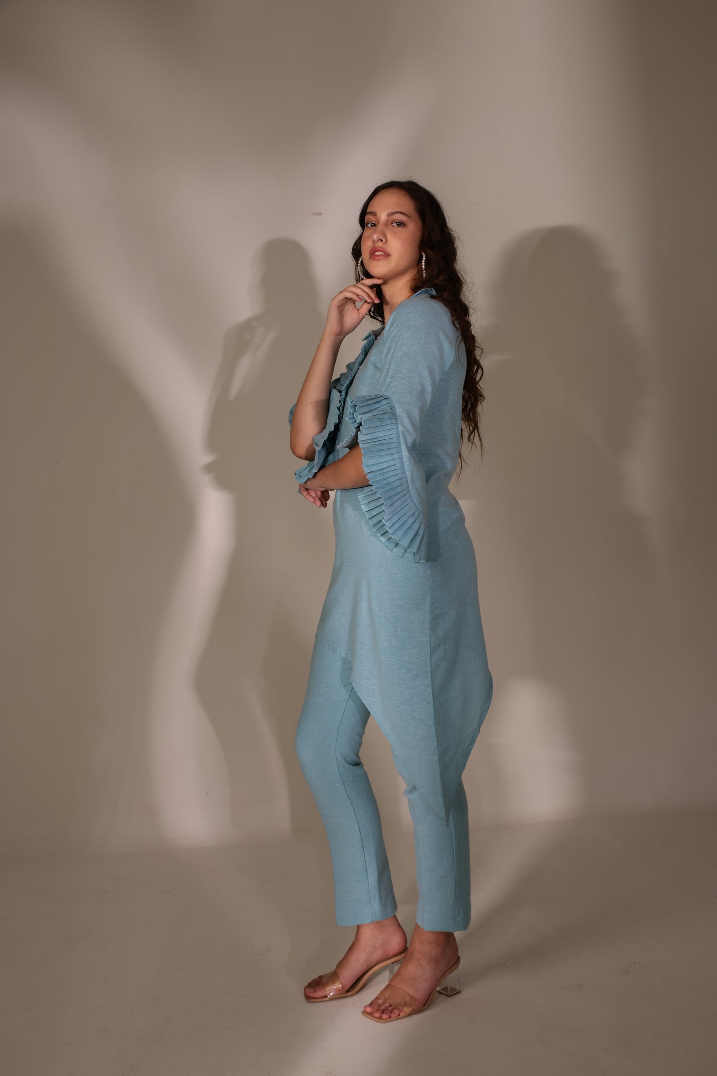 ANKITA KOCHHAR X SKY-BLUE PLEAT SLEEVES  LINEN KURTA SET