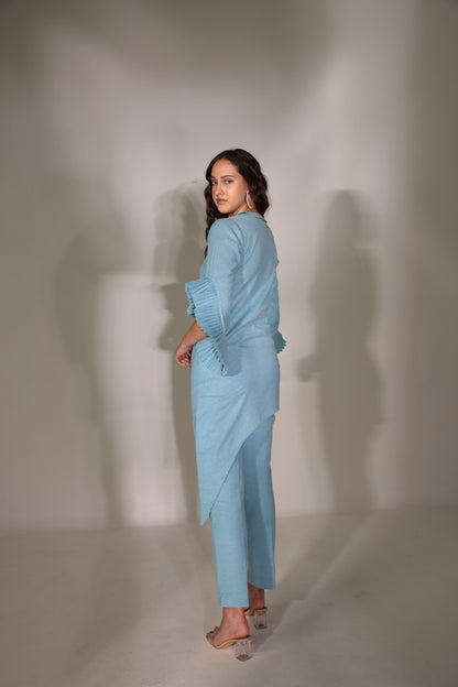 ANKITA KOCHHAR X SKY-BLUE PLEAT SLEEVES  LINEN KURTA SET