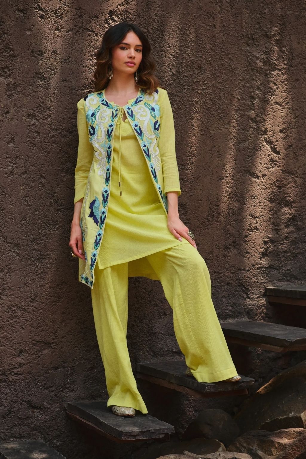 Neembu hara phoolan jacket kurta set