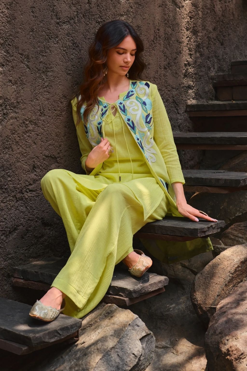 Neembu hara phoolan jacket kurta set