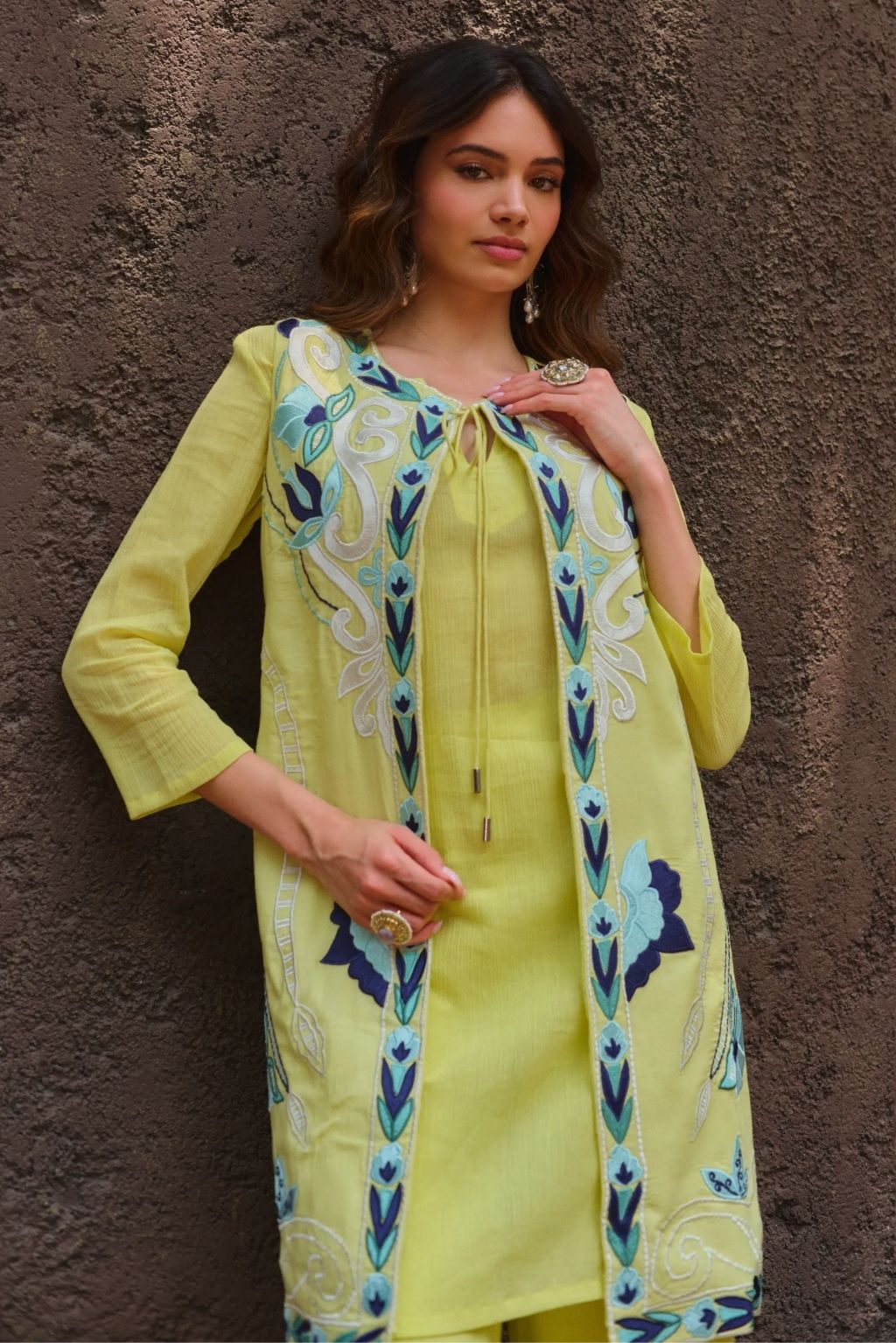 Neembu hara phoolan jacket kurta set