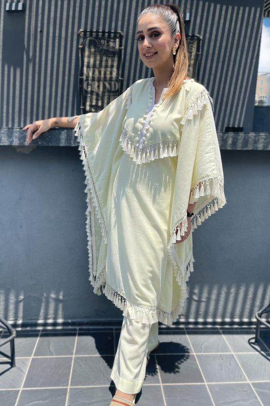 DEEPANKSHI X HAZE YELLOW TASSEL FRINGE KAFTAN KURTA SET