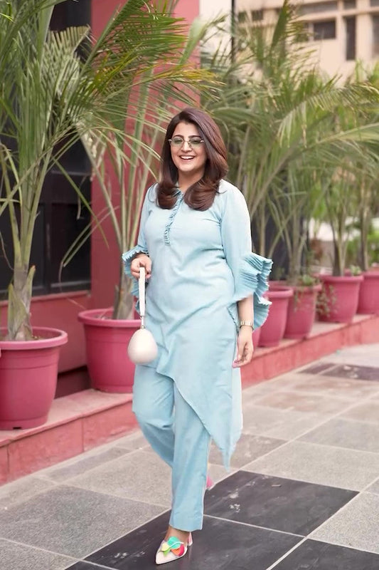 ANKITA KOCHHAR X SKY-BLUE PLEAT SLEEVES  LINEN KURTA SET