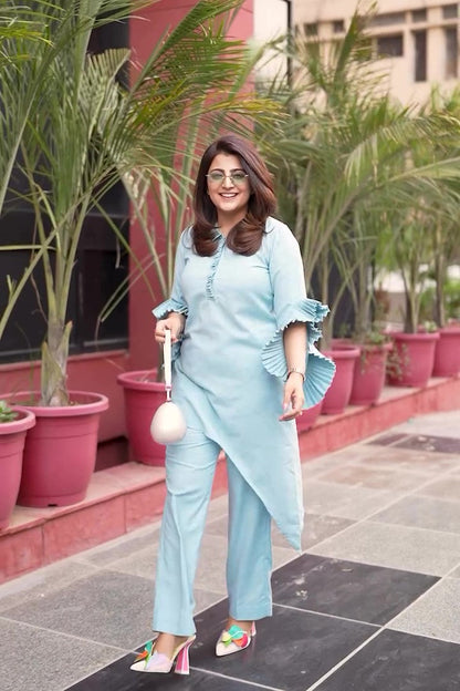 ANKITA KOCHHAR X SKY-BLUE PLEAT SLEEVES  LINEN KURTA SET