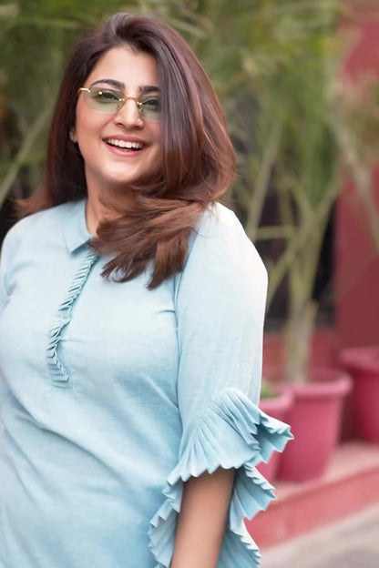ANKITA KOCHHAR X SKY-BLUE PLEAT SLEEVES  LINEN KURTA SET