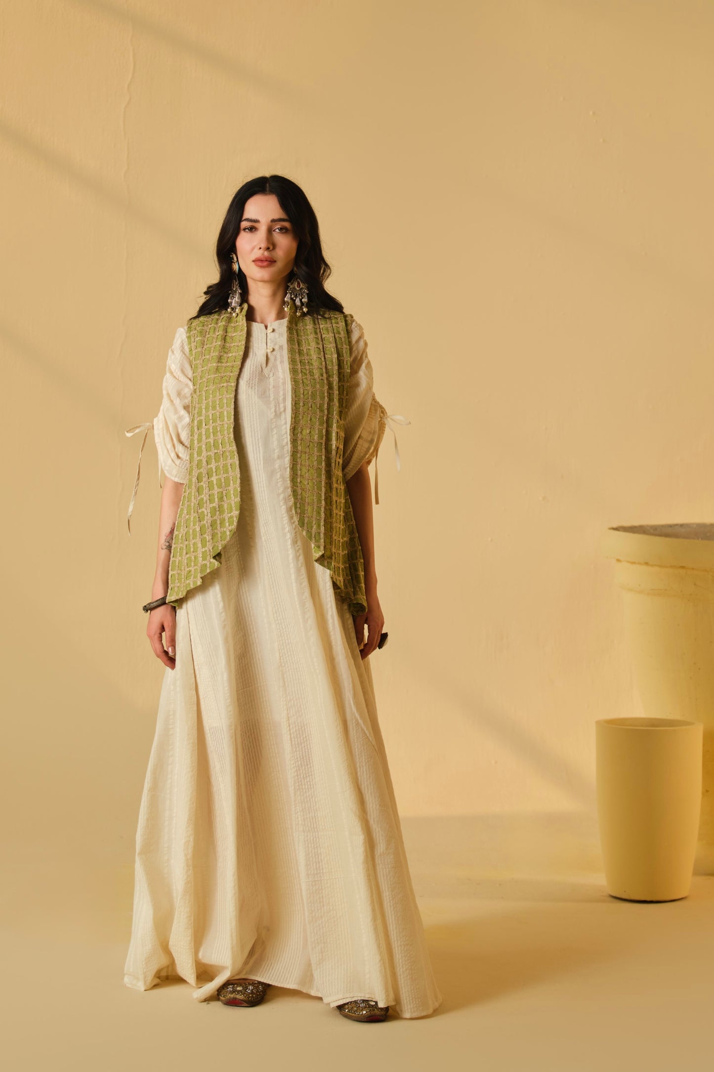 SUFI-ANGARI KURTA DRESS WITH DORI JACKET-PASTEL GREEN