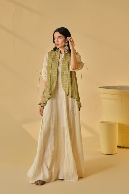 SUFI-ANGARI KURTA DRESS WITH DORI JACKET-PASTEL GREEN