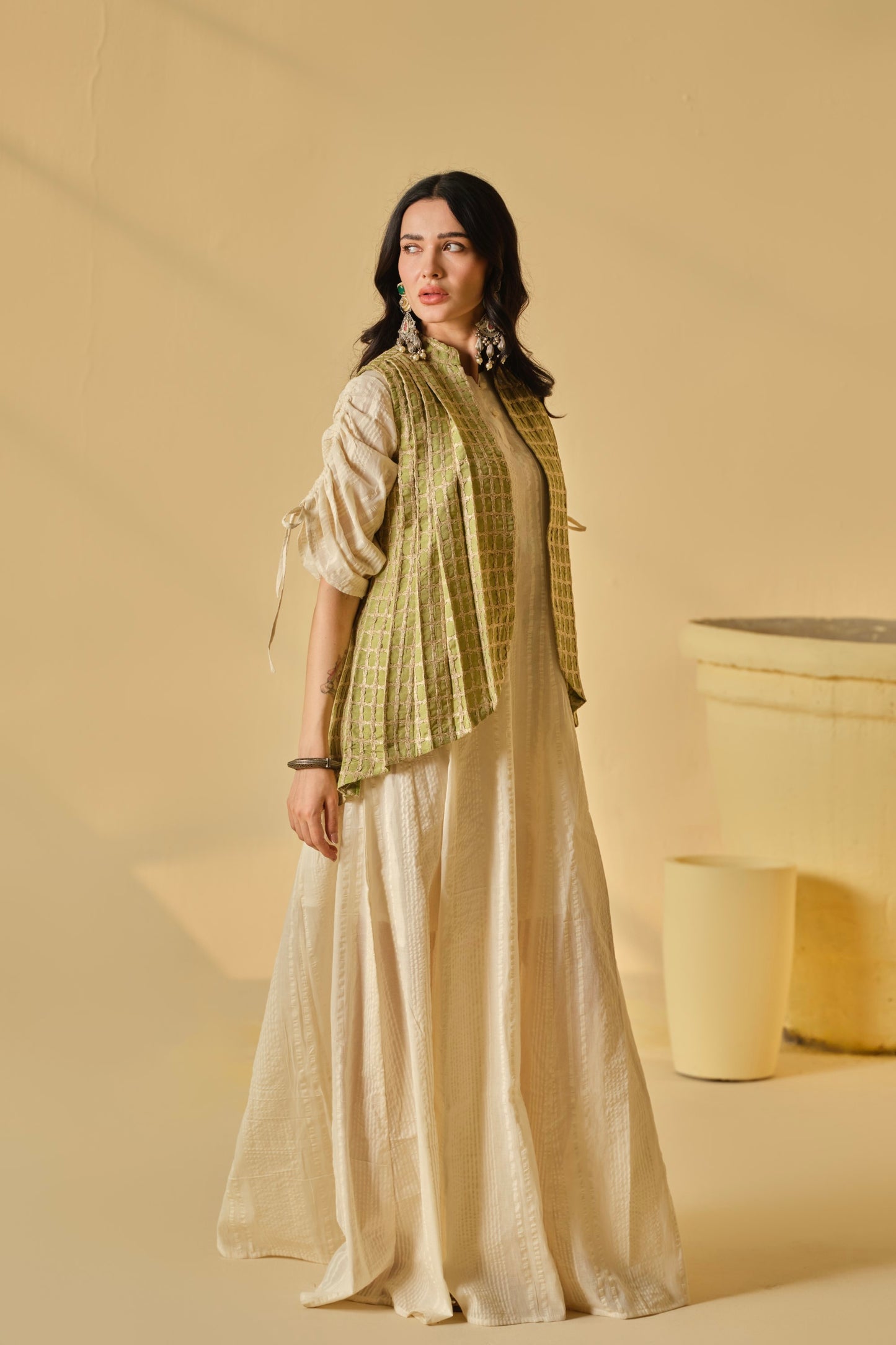 SUFI-ANGARI KURTA DRESS WITH DORI JACKET-PASTEL GREEN