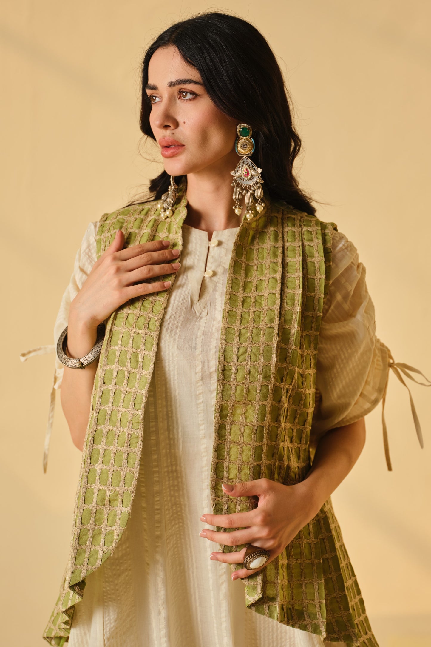 SUFI-ANGARI KURTA DRESS WITH DORI JACKET-PASTEL GREEN