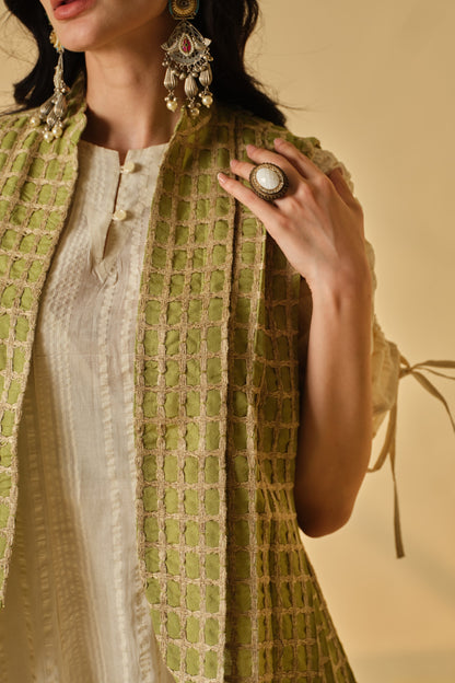 SUFI-ANGARI KURTA DRESS WITH DORI JACKET-PASTEL GREEN