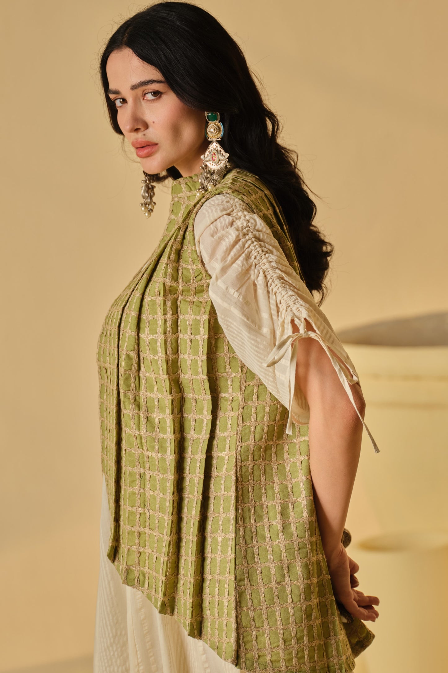 SUFI-ANGARI KURTA DRESS WITH DORI JACKET-PASTEL GREEN