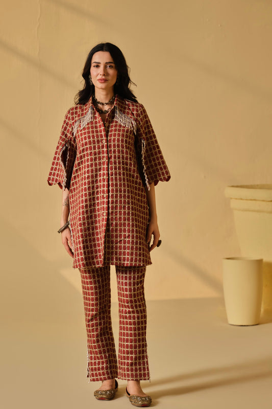 DABI-DORI EMBROIDERED PEARL WORK KURTA SET-RED