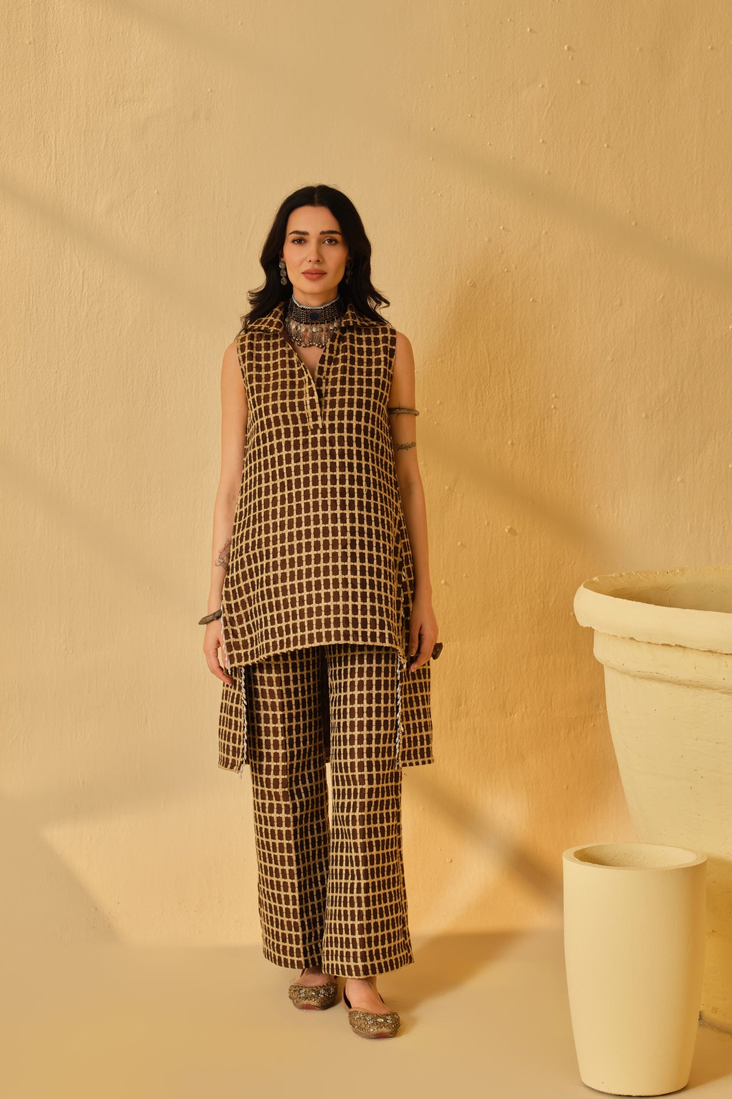 DABI-DORI PLEATED KURTA SET-CAMEL