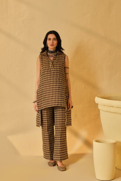 DABI-DORI PLEATED KURTA SET-CAMEL