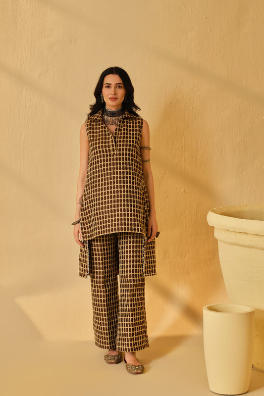 DABI-DORI PLEATED KURTA SET-CAMEL