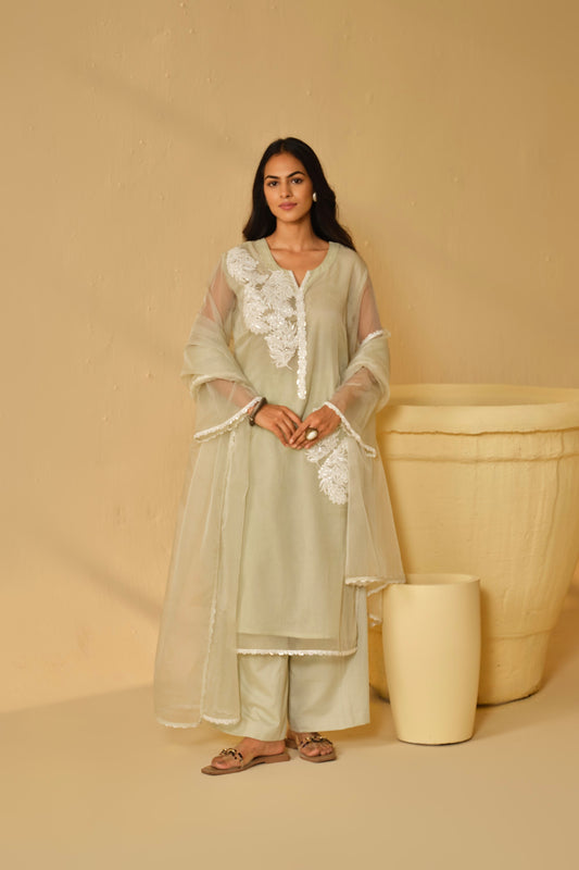 SAGA GREEN-WHITE WORK ORGANZA KURTA SET