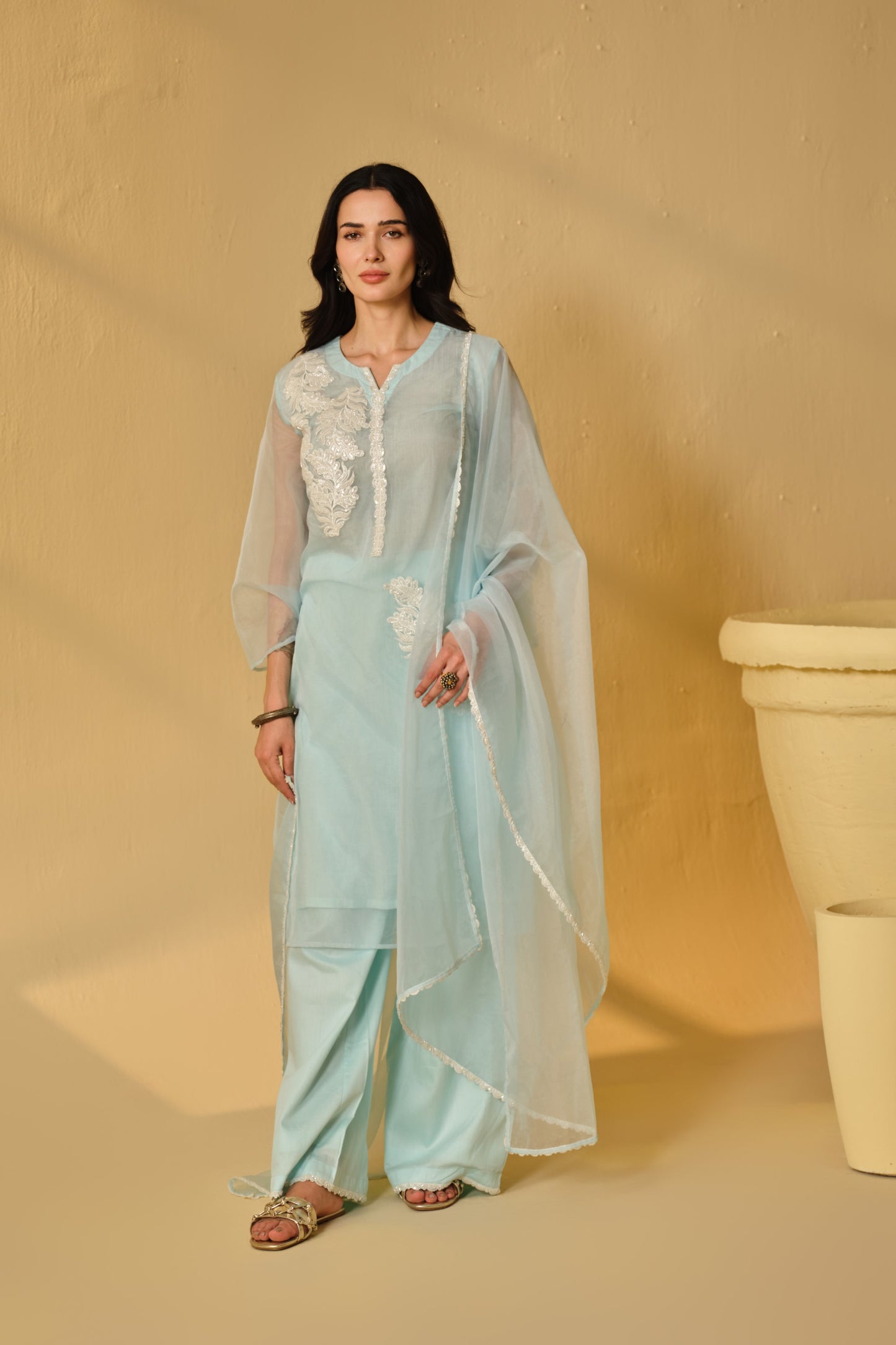 HAZE BLUE -WHITE ORGANZA WORK  KURTA SET
