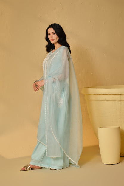 HAZE BLUE -WHITE ORGANZA WORK  KURTA SET