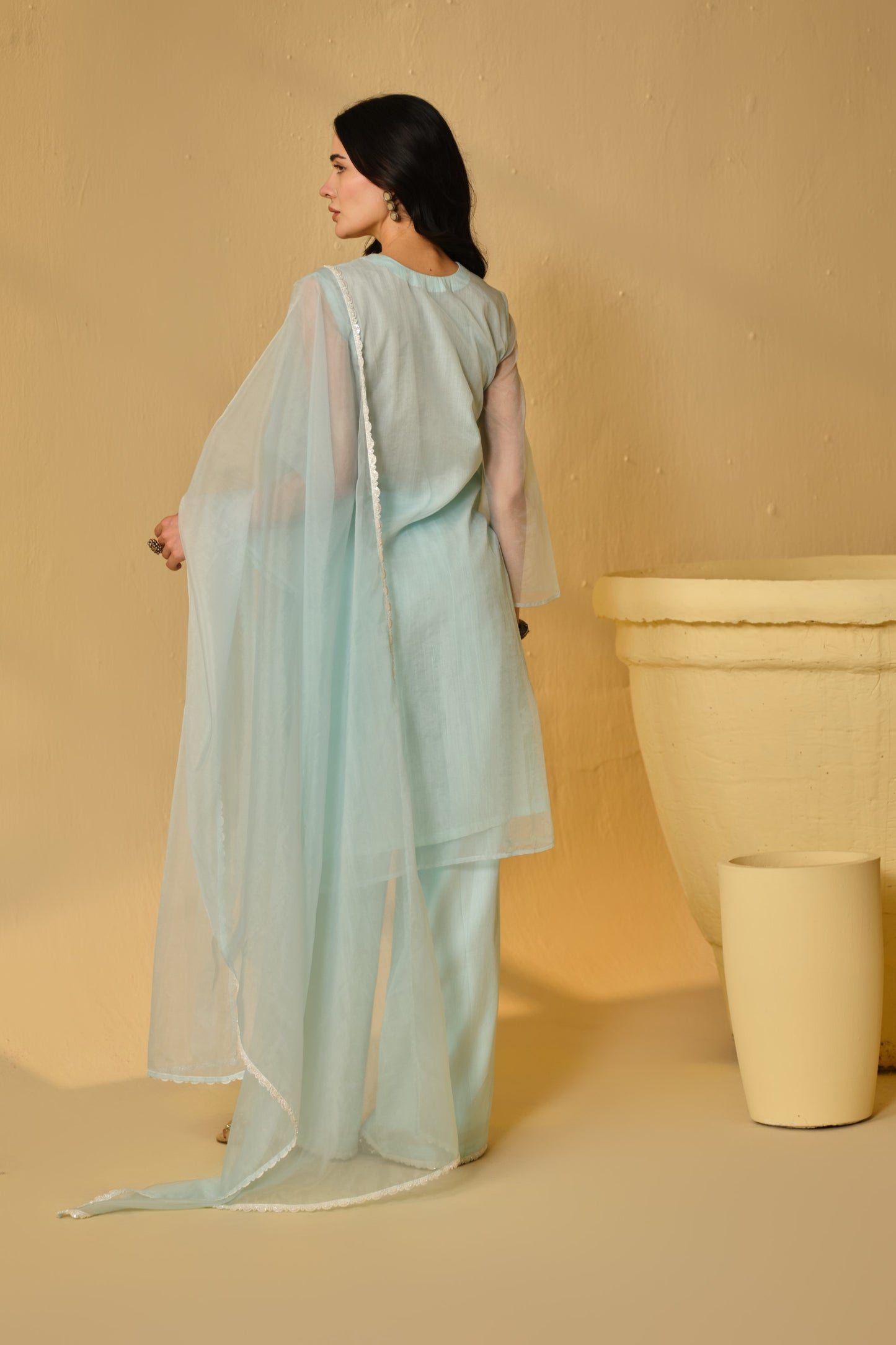 HAZE BLUE -WHITE ORGANZA WORK  KURTA SET
