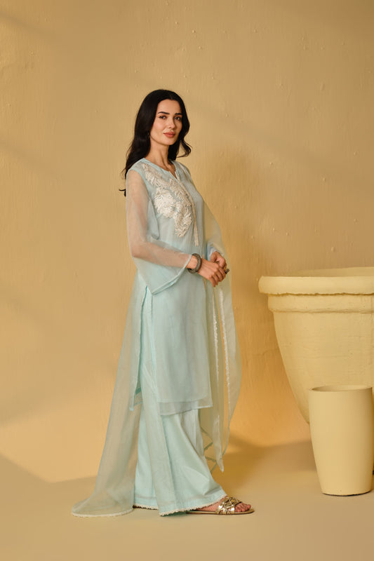 HAZE BLUE -WHITE ORGANZA WORK  KURTA SET