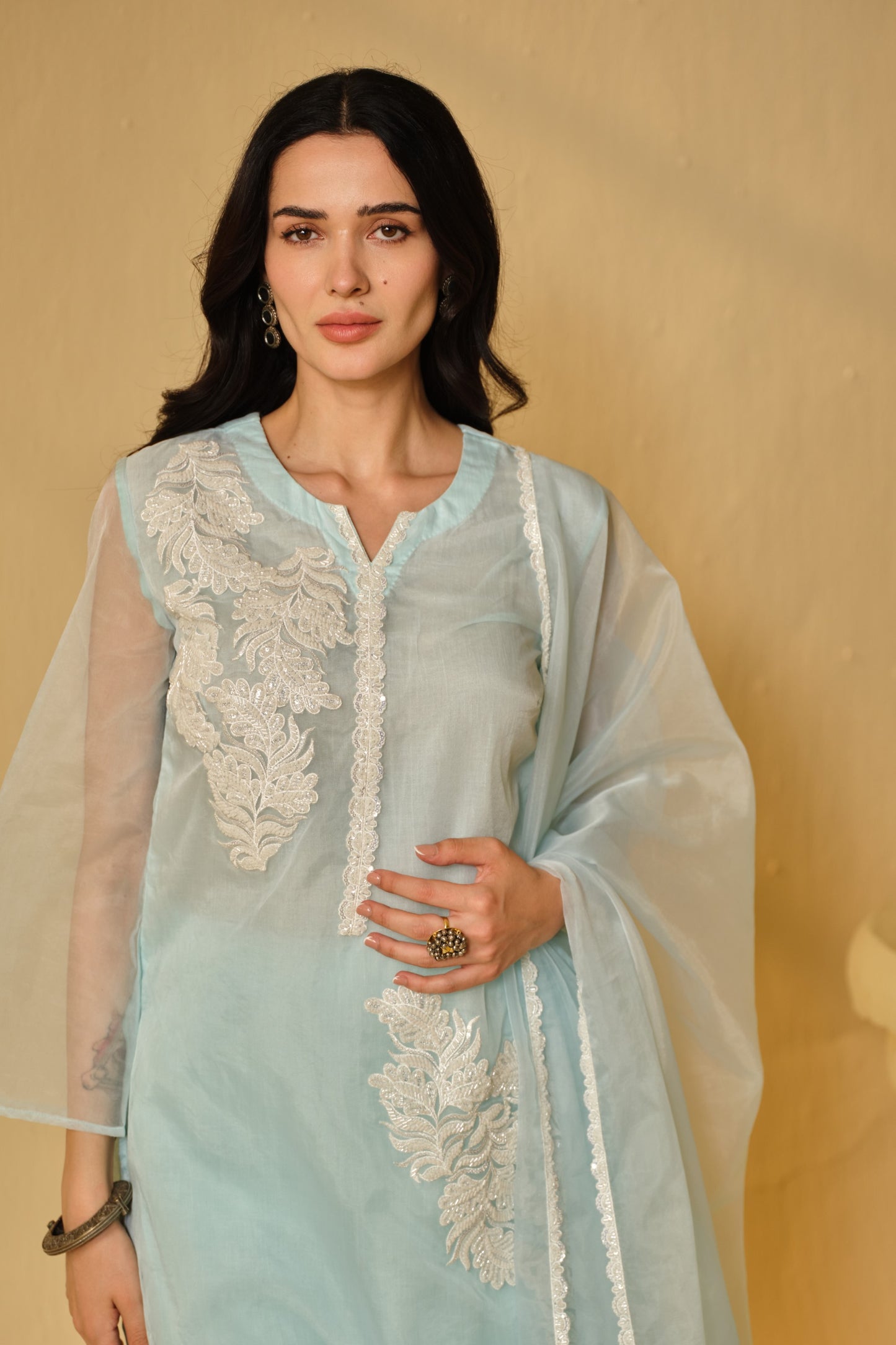 HAZE BLUE -WHITE ORGANZA WORK  KURTA SET