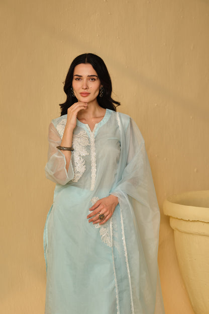 HAZE BLUE -WHITE ORGANZA WORK  KURTA SET