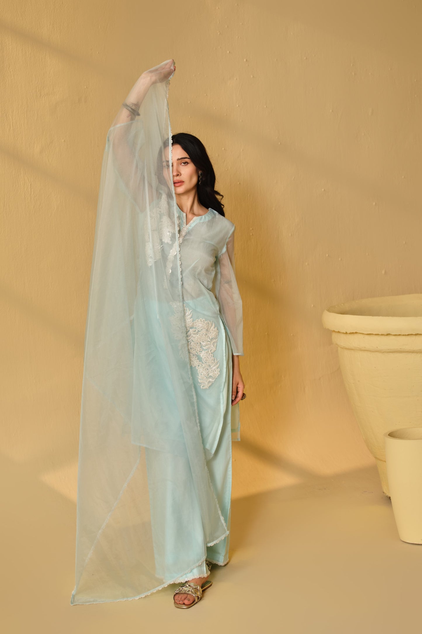 HAZE BLUE -WHITE ORGANZA WORK  KURTA SET