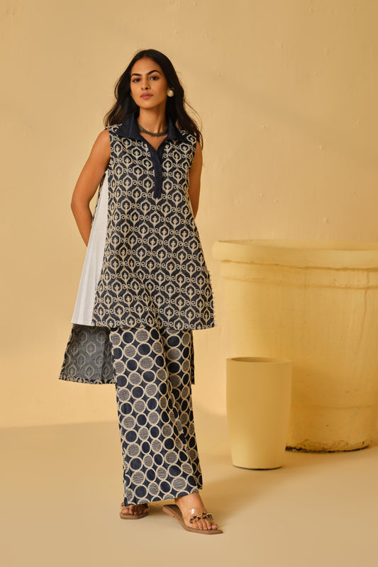 DENIM BLOCK WORK KURTA SET