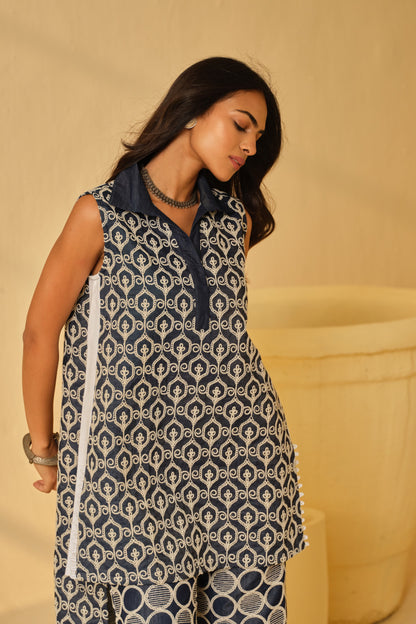 DENIM BLOCK WORK KURTA SET