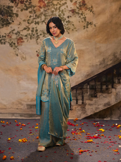 Sunheri Daman Grey Green Kurta Set