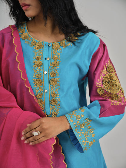 Phoolan Blue Pink Kurta Set